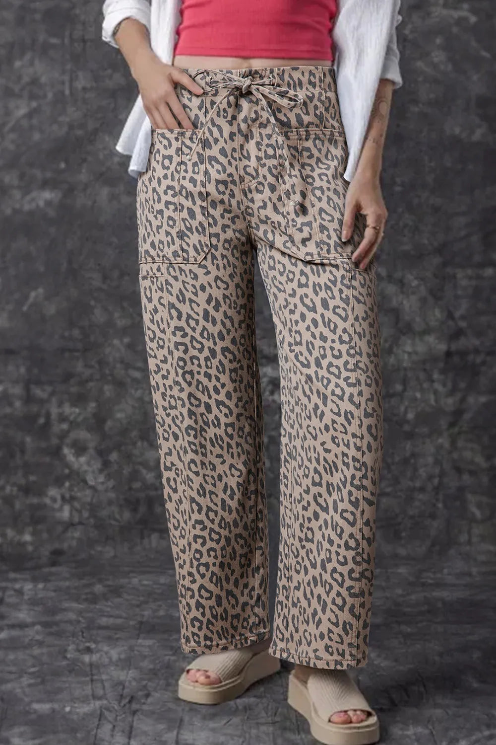Leopard print drawstring waist wide-leg jeans with front pockets